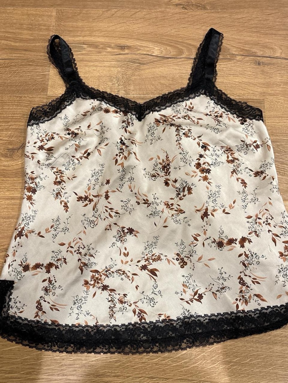 Nine West Cream Floral Satin Camisole with Black Lace